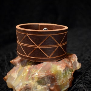 Diamond Pattern Hand Carved Brown Leather Cuff