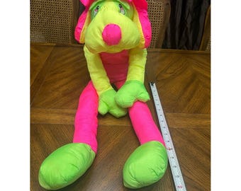 Vintage Playful Plush 1988 Neon Hound Dog Hat Overalls Stuffed Animal