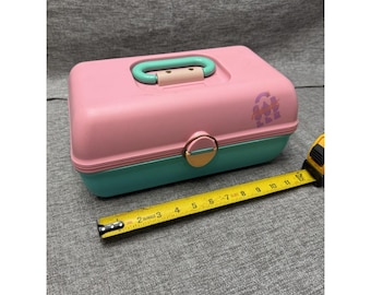 Organizador de maquillaje Caboodles vintage de los años 80 y 90, color rosa y verde.