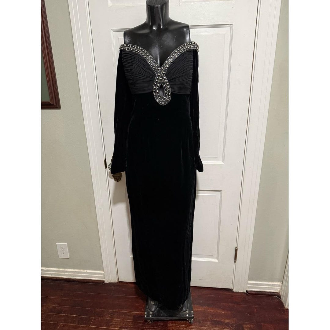 Vintage off the Shoulder Black Beaded Velvet Long Dress 80s 90s Long ...