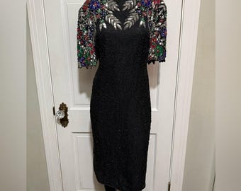 Vintage 1980s Beaded Sequin Dress Size Large 100% Pure Silk Black Floral