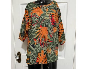 Vintage Funky Womens Shirt Jungle Floral Tiger Short Sleeve 1980s 1990s Unique