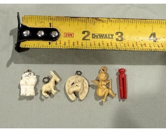 5 Vintage Plastic Charms Cracker Jack Prize Angel Horseshoe Clothes Pin Donkey