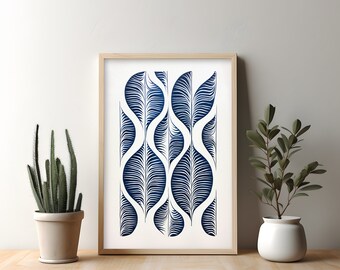 Floral Lino Style Print, Abstract Art, Blue & White, Digital Download, Printable Wall Art