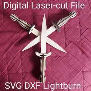 May include: Three wooden daggers with black and brown striped handles are crossed on a red background. The text "Digital Laser-cut File" is at the top of the image and "SVG DXF Lightburn" is at the bottom.