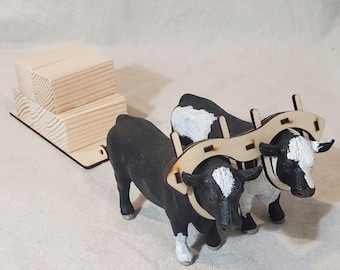 Pre-Cut Wooden Oxen Pulling Kit – 9 Piece Set (Pre-Assembled) for Schleich, Papo, and Mojo 1:24 Scale (wood parts only, no animals)
