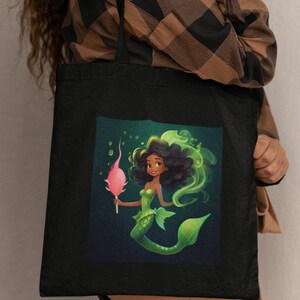 Tote aquatic cuisine mermaid organic cotton/beach gym picnic dance music forage shell grocery laundry pool workout lunch bag green fin