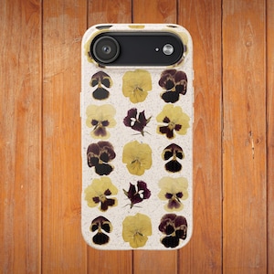 Pressed Flower Biodegradable Phone Case, AirPod Case, PU Leather Mouse Mat — Floral Pansy Pressed Flower Pattern, Viola Tricolor