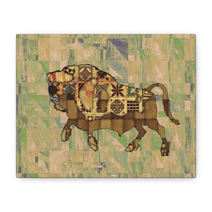 May include: A rectangular canvas print featuring a brown bison silhouette with a patchwork design. The bison is set against a green and beige geometric background. The bison's body is adorned with various patterns.