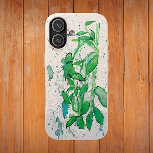 May include: A rectangular phone case with a speckled off-white base featuring a vibrant green watercolor-style illustration of leafy vines and scattered paint splatters. The case includes a circular cutout for a dual-lens camera system.