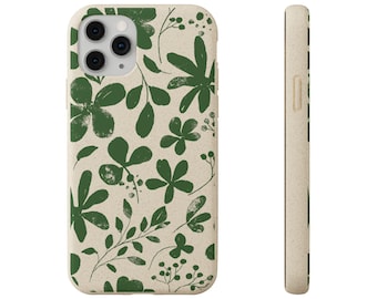 Eco-Friendly Biodegradable Phone Cases, Floral Plant Print, Earthy Green Beige Cover, Sustainable
