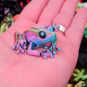 May include: A small, iridescent, 3D printed frog figurine with blue, pink, and green colors. The frog is sitting on a hand.