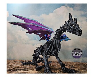 May include: A black skeletal dragon figurine with iridescent purple wings. The dragon is posed in a standing position with its head turned to the side. The figurine is set against a cloudy sky background.