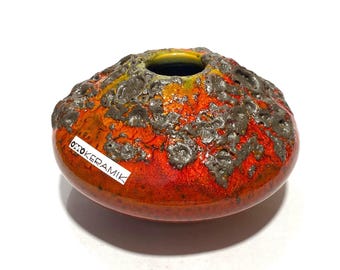 Otto Keramik 203 Vase in Red & Yellow Fat Lava (11cm Dia)- West German Pottery-Style Glaze
