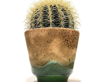 West German Pottery Planter in Green Fat Lava Glaze- Vintage 1970s Ceramic Plant Pot