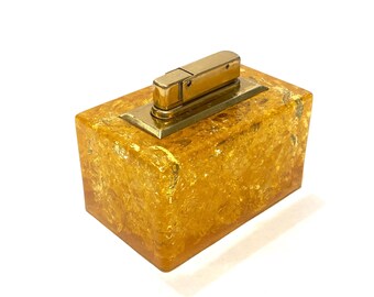Shattaline Table Lighter in Orange Resin & Brass- 1960s Collectible Shatterline