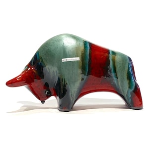 Otto Keramik Bolivia Glaze Ceramic Bull- Red & Sea Green Drip Glazed Pottery Ornament/Sculpture