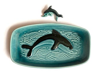 Poole Pottery Dolphin Dish & Pin Badge/Broach- Mid-Century English Ceramics