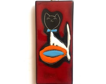 San Marino Pottery Wall Plaque, Cat Design in Vibrant Red Glaze- R.S.M Italian Ceramic