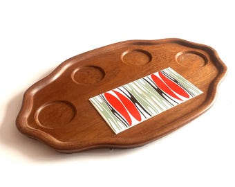Large Mid Century Modern Drinks Tray With Tiled Section, 1960s Vintage Barware