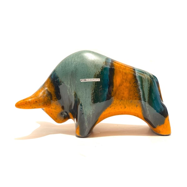 Otto Keramik Perú Toro de cerámica vidriada- Adorno de toro de cerámica de la era de lava gorda- Escultura Ruscha estilo cerámica de Alemania Occidental de Otto Gerharz