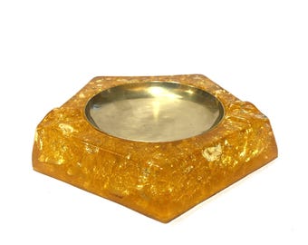 Shattaline Ashtray in Orange Resin & Brass- 1960s Collectible Shatterline Dish