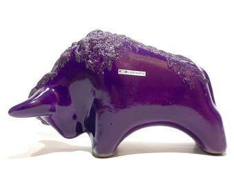 Otto Keramik Ceramic Bull in Purple Fat Lava Glaze- West German Pottery-Style Sculpture/Ornament