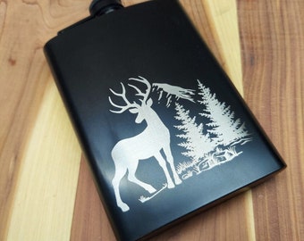 Whitetail Deer Scene Black Stainless Hip Flask Hunting 8 oz.