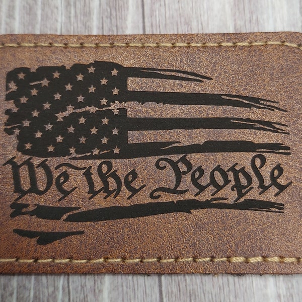 We The People- Leather Iron On Patches 2x3 Inch Faux Leather - Brown or Gray