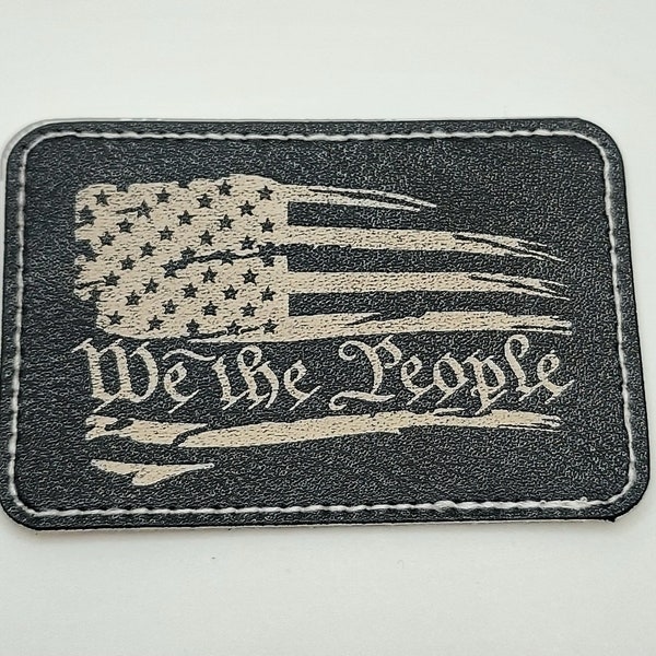We The People- Leather Iron On Patches 2x3 Inch Faux Leather - COLORS:  Black, Brown, or Gray