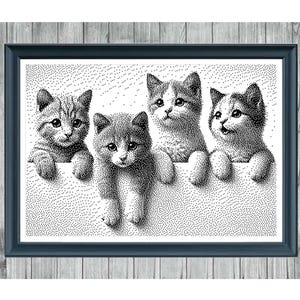 Op de afbeelding: Een ingelijst monochrome kruissteekpatroon met vier kittens. De afbeelding is ingelijst in een donkerblauwe lijst. Tekst bovenaan luidt "PAWFUL OF CUTENESS" en onderaan "MONOCHROME CROSS STITCH PATTERN".