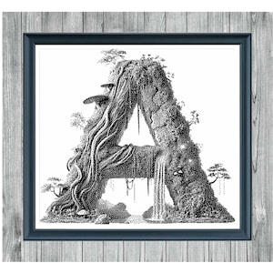 Op de afbeelding: Monochroom kruissteekpatroon met de letter "A" gevormd door een rotsformatie met een waterval. De afbeelding is ingelijst in een donkerblauwe lijst, tegen een grijze houtnerf achtergrond. Tekst bovenaan luidt "NATURE'S SCRIPT: A".