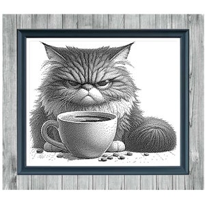 Può includere: Schema a punto croce monocromatico con un gatto scontroso con una tazza di caffè. Il gatto ha un'espressione severa ed è circondato da chicchi di caffè. L'immagine è incorniciata in una cornice blu scuro con uno sfondo in legno grigio chiaro. Il testo recita "GRUMPY COFFEE CAT".