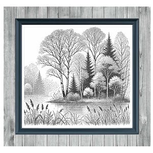 May include: Monochrome cross stitch pattern titled "Island of Silence 2." The artwork depicts a detailed forest scene with trees, a lake, and reeds. The image is framed in a dark blue frame, set against a grey wooden background.