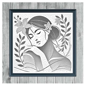 Può includere: Schema punto croce monocromatico incorniciato in una cornice blu scuro. L'opera presenta un ritratto di donna con gli occhi chiusi, adornato da elementi floreali. Il testo "BETWEEN LIGHT AND SHADOW 2" e "MONOCHROME CROSS STITCH PATTERN" sono visualizzati.