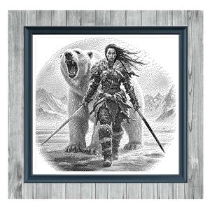 May include: Monochrome cross stitch pattern featuring a warrior with two swords, accompanied by a polar bear. The artwork is framed and includes the text "Lady of War 1" and "Monochrome Cross Stitch Pattern".