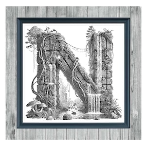 May include: Monochrome cross stitch pattern depicting the letter "N" as a natural scene. The letter is a stone structure with waterfalls, vines, and plants. The image is framed with a blue border and a wooden background. Text reads "NATURE'S SCRIPT N" and "MONOCHROME CROSS STITCH PATTERN."