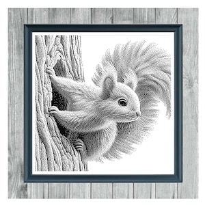 Peut inclure: Motif de point de croix monochrome d'un écureuil dans un arbre, encadré dans un cadre bleu foncé. L'image est placée sur un fond gris imitation bois. Le texte en haut indique "TINY EXPLORER" et en bas "MONOCHROME CROSS STITCH PATTERN."