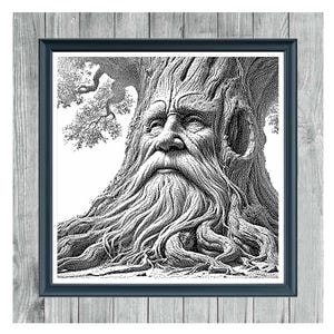 Könnte beinhalten: Monochromes Kreuzstichmuster mit einer detaillierten Illustration eines Baumes mit Gesicht, gerahmt in einem dunkelblauen Rahmen. Das Bild ist vor einem hellgrauen Holzgrund platziert. Der Text oben lautet "ORACLE OF ANCIENT WOOD".