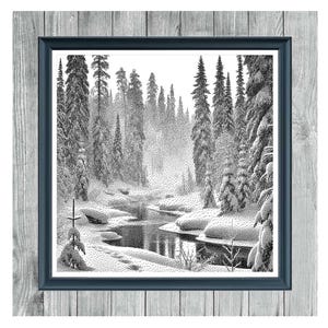May include: Monochrome cross-stitch pattern depicting a winter scene with a river and snow-covered trees. The artwork is framed in a dark blue frame, set against a light gray wood-grain background. Text at the top reads "Echoes of Alaska 1".