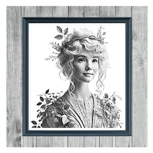 Può includere: Schema punto croce monocromatico con il ritratto di una donna con una corona floreale e dettagli di foglie. L'immagine è incorniciata in una cornice blu scuro, con il testo "FOREST FAIRY 1" e "MONOCHROME CROSS STITCH PATTERN".