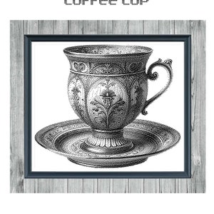 Peut inclure: Motif de point de croix noir et blanc d'une tasse à café et d'une soucoupe avec des détails ornés. Le motif est intitulé "COFFEE CUP" et "MONOCHROME CROSS STITCH PATTERN".