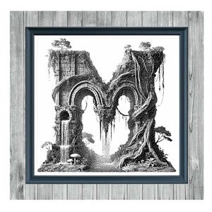 Puede incluir: Patrón de punto de cruz en blanco y negro de la letra "M" con un diseño arquitectónico cubierto de vegetación. La imagen está enmarcada en un marco azul oscuro con un fondo de madera gris. El texto dice "NATURE'S SCRIPT M" y "MONOCHROME CROSS STITCH PATTERN".
