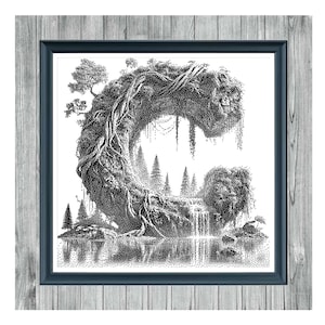 Peut inclure: Motif de point de croix monochrome représentant un paysage en forme de lettre "C". Le motif comprend des arbres, une cascade et un lac, le tout rendu dans un style pointillé. Le texte "NATURE'S SCRIPT C" et "MONOCHROME CROSS STITCH PATTERN" sont affichés.