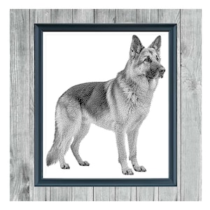 May include: Monochrome cross stitch pattern of a German Shepherd dog in a dark frame. The dog is depicted in a detailed, stippled style, with text at the top reading "GERMAN SHEPHERD 2" and text at the bottom reading "MONOCHROME CROSS STITCH PATTERN".