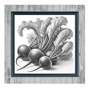 May include: Monochrome cross-stitch pattern featuring a detailed illustration of beetroots. The image shows several round beetroots with long, thin roots and leafy green tops. The text "BEETROOTS" is at the top, and "MONOCHROME CROSS STITCH PATTERN" is at the bottom.