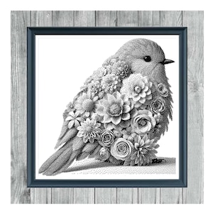 Puede incluir: Patrón de punto de cruz monocromático que presenta un pájaro compuesto por elementos florales. La obra de arte está enmarcada en un marco azul oscuro, sobre un fondo de madera gris claro. Se muestra el texto "FLORAL BIRD" y "MONOCHROME CROSS STITCH PATTERN".