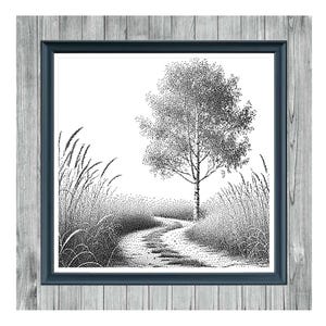 Pode incluir: Padrão de ponto cruz monocromático de uma estrada de terra que leva a uma árvore. A obra de arte é emoldurada em uma moldura azul escura com um fundo de madeira cinza claro. O texto "DIRT ROAD 1" e "MONOCHROME CROSS STITCH PATTERN" são exibidos.