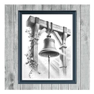 May include: Monochrome cross stitch pattern of a bell hanging from a wooden structure, framed in a dark blue border. The text "MEMORY BELL" is at the top, and "MONOCHROME CROSS STITCH PATTERN" is at the bottom.