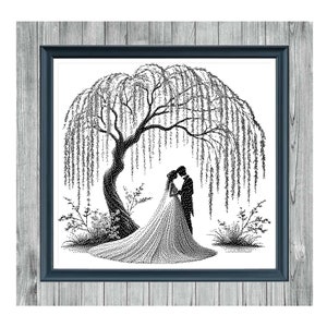 Può includere: Schema di punto croce in bianco e nero di una coppia di sposi in piedi sotto un salice piangente. Lo schema è intitolato "Wedding Weeping Willow 2" ed è etichettato "Monochrome Cross Stitch Pattern".